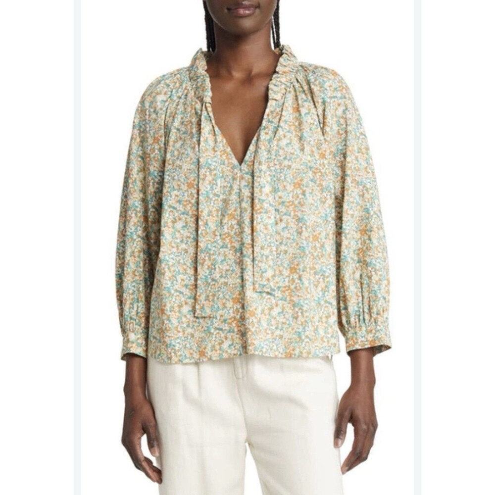 Rails Amal Ditsy Floral Blouse Womens XL Tie Neck Ragland Sleeve Peasant Top